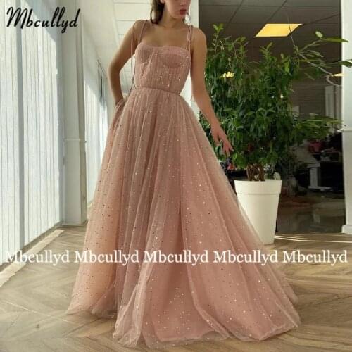New Sparkly Long A-line Evening Dresses 2021 Tulle Back Open Dubai Women Formal Party Gowns with Pockets Vestidos de festa