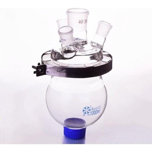 Single-layer spherical round bottom four oblique necks open reactor bottle 1000ml,150mm flange,Iron clip,Main 40/38,Side 24/29