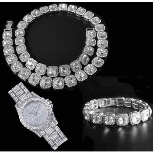 3pcs Kit Prong 12.5MM Micro Pave Cubic Zircon Alloy Bling Hip Hop Tennis Chain Necklace +Watch+Bracelet For Men Women Jewelry