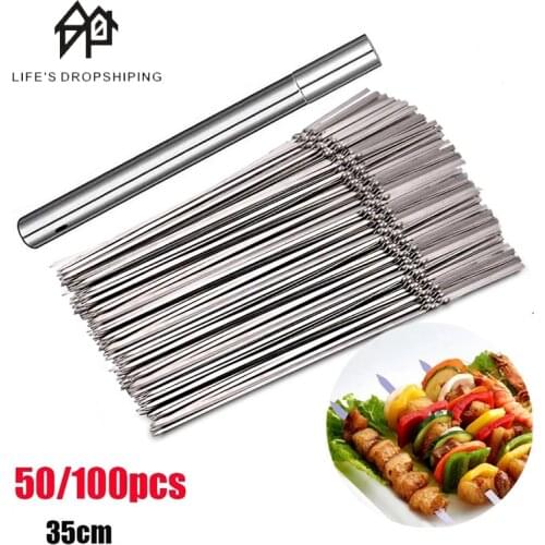 100/50pcs Reusable flat stainless steel barbecue skewers bbq Needle stick For outdoor camping picnic tools with Storage Box