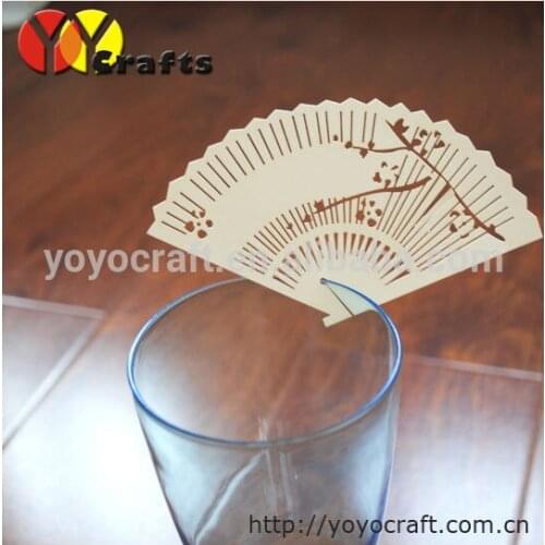PLC037--wedding decoration place card ,fan shape place cards on wine glass free logo