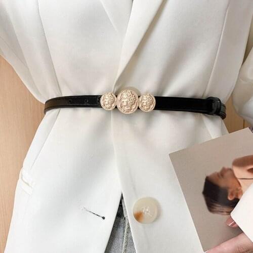 New Leather Thin Belt For Women Metal Avatar Coin Buckle Waist Strap Designer Ladies Girl Suit Gown Dress Jeans Decoration Belts