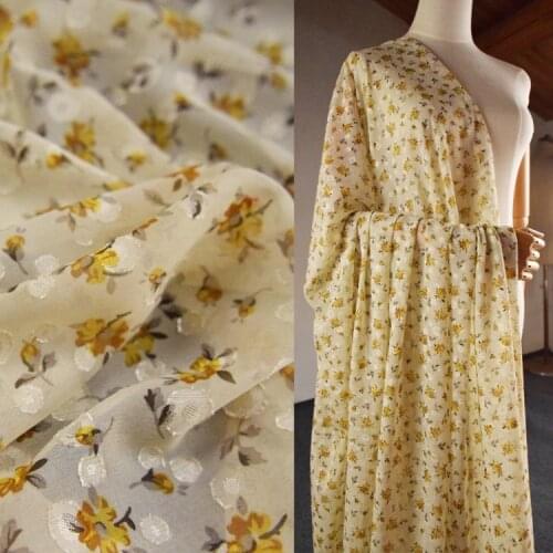 Chiffon Yarn Floral Fabric Light Yellow Polka Dot Cut Flowers Elegant Lady French Dress Shirt Womens Handmade DIY Fabric