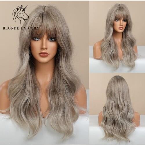 BLONDE UNICORN Long Wavy Synthetic Hair Wigs Ombre Grey for Black White Women Natural Wig Hair with Bangs Heat Resistant Fiber