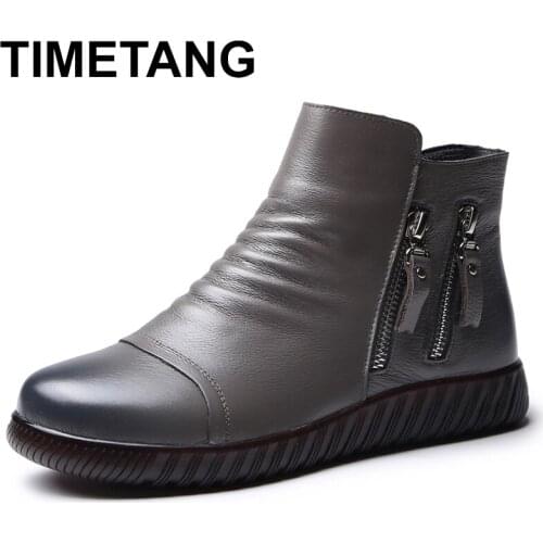 TIMETANG Winter Vintage Warm Genuine Leather Ankle Boots For Ladies Flat Low Heel Zipper Decoration Plush Spring Flat BootsWomen