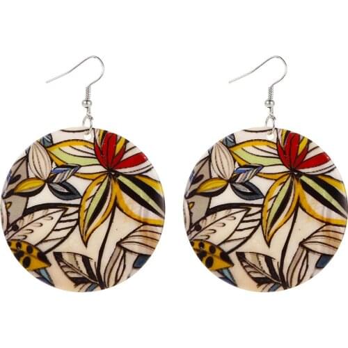 Vintage Big Round Natural Shell Flower Printing Drop Earrings For Women Girls Geometric Large Pendant Earrings Fashion Jewelry