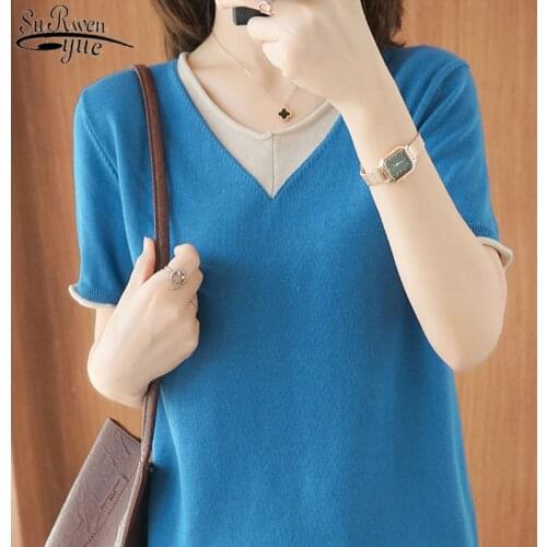 Summer 2021 Korean Casual Loose V-neck Shirts for Women Cotton Thin Knitted Short Sleeve Women Blouse Pullover Ladies Tops 13680