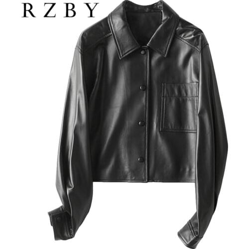 Женская куртка кожаная 100% sheepskin stylish women genuine leather pockets tailored collar 4XL black real fur coat RZBY165