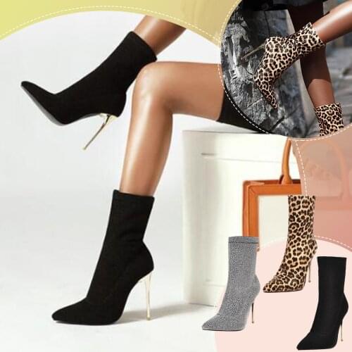 Pointed Toe Booties Winter Women Leopard Ankle Boots Footwear Platform High Heels Wedges Shoes Woman Bota Feminina