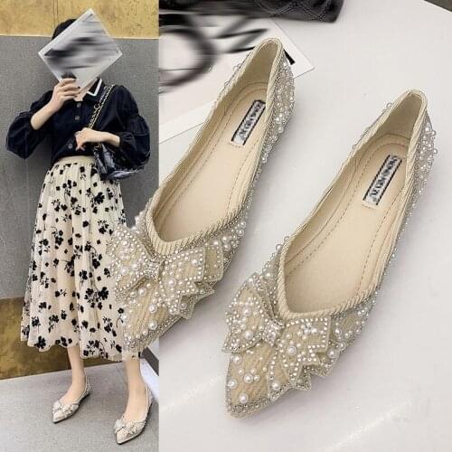 Womens Fashion Flat Shoes, Pointed Toe Flats Decorated with Bows and Pearls (Soft Sole)