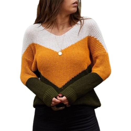 Women Autumn Long Sleeve Knitted Sweater Color Block Stripes Loose Pullover Tops Sexy V-Neck Drop Shoulder Casual Basic Jumper S