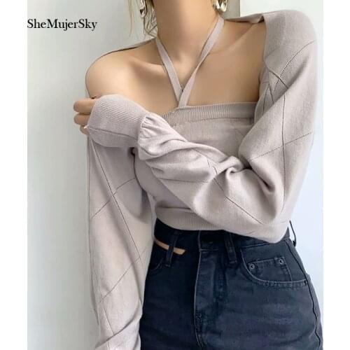 SheMujerSky Women Knitted Long Sleeve Extrashort Sweater And Halter Top Matching Set 2021 Solid Color Elastic Slim 2 Pcs Set