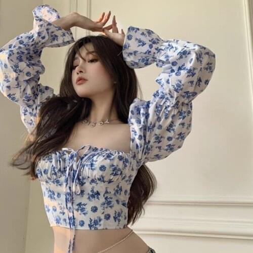2021 Summer New Womens Blue Coat Floral Print Puff Sleeve Chic Sexy Slim Square Neck Long Drawstring Crop Top Blouse Casual