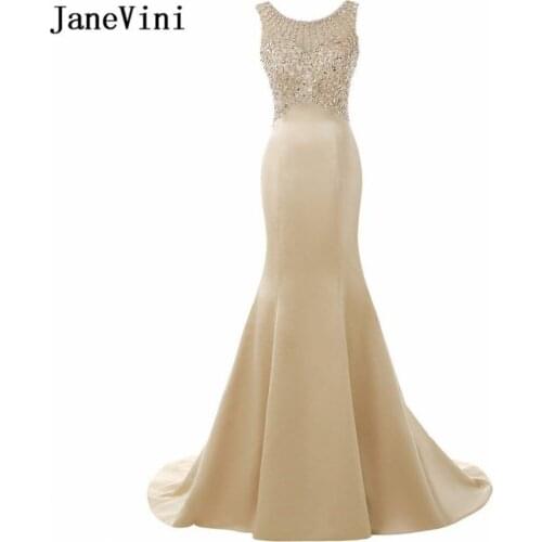 JaneVini 2018 Champagne Long Bridesmaid Dresses with Sequins Crystal Scoop Neck Sweep Train Mermaid Prom Gowns Robe Longue Satin