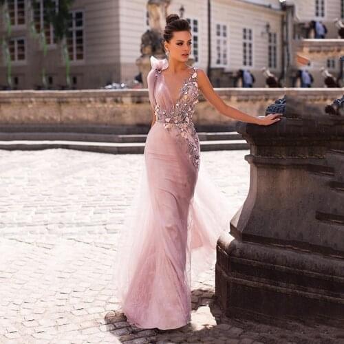 Elegant Pink Plunging V-Neck Long Prom Dresses Hand-made Flowers Backless Tulle Evening Dresses Party Gowns Floor Length