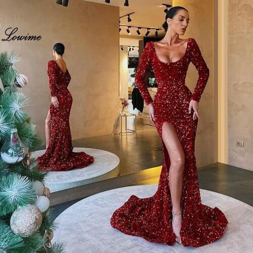 2020 Burgundy Sequins Prom Dress Mermaid Long Women Cocktail Party Gowns Formal Evening Gowns Turkish Abendkleider Vestidos