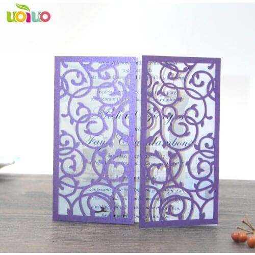 Free shipping 10set/lot purple wedding laser cut small leaves flower invitation card