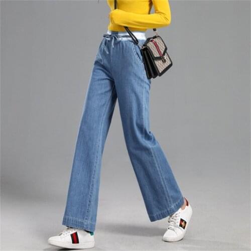 Free Shipping For Women 2020 High Waist Wide Leg Jeans Elastic Waist Loose Mopping Pants Straight Drop Pants
