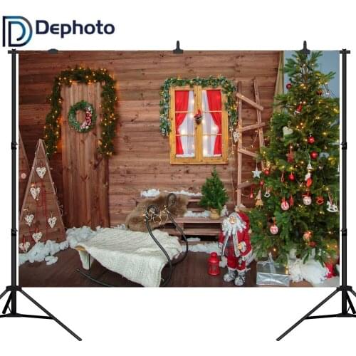 Dephoto Wooden House Sled Christmas Tree Decor Photography Backgrounds Customized Photographic Backdrops For Photo Studio
