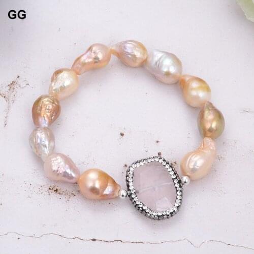 JK 8" Purple Natural Keshi Pearl Elastic Bracelet Rose Quartzs Crystal Connector Handmade For Women
