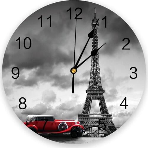 Paris Eiffel Tower With Red Car Clocks Wall Home Decoration Modern Kitchen Teen Room Bedroom Living Room Decor Wall Clock
