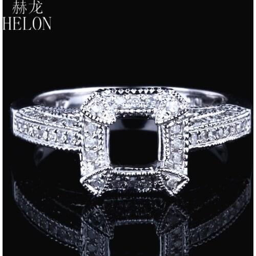 HELON Solid 14K White Gold Pave 0.49ct Natural Diamond Fine Jewelry Semi Mount Engagement Wedding Ring Cushion Cut 4.5-5.75mm