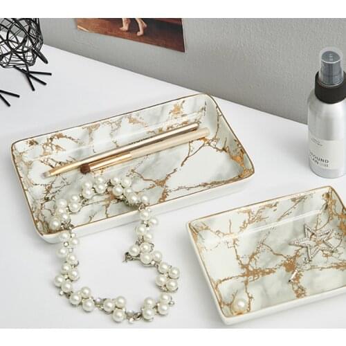 Marble Texture Ceramic Tray Golden Nordic Modern Home Decoration Tray Dessert Fruit Snack Ceramic Plate Jewelry Storage Tray