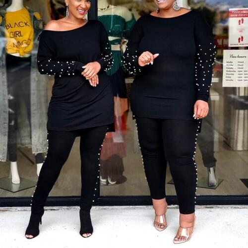 African Women 4xl 5xl Plus Size Black Cloth Sets Beaded Blouse & Pant Causal Fashion High Street Wear Outfits Matching Sets 2020