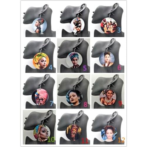 Round african headwrap woman wooden earrings