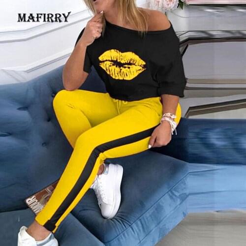 Summer Women Printing Three Quarter Sleeve Full Pants Homewear Pajamas Suits One Off Shoulder Loungewear Sets Plus Size 5XL Sets