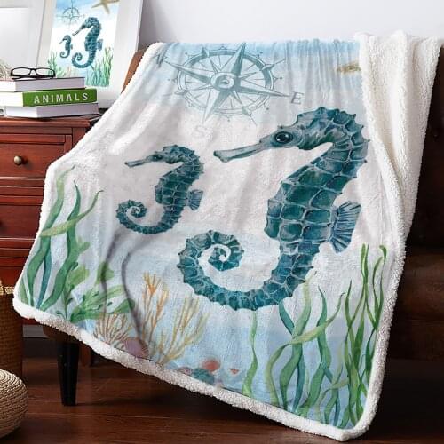 Marine Animal Hippocampus Seaweed Compass Print Plush Throw Blanket Sherpa Fleece Bedspread Bedding Picnic Wool Soft Blankets