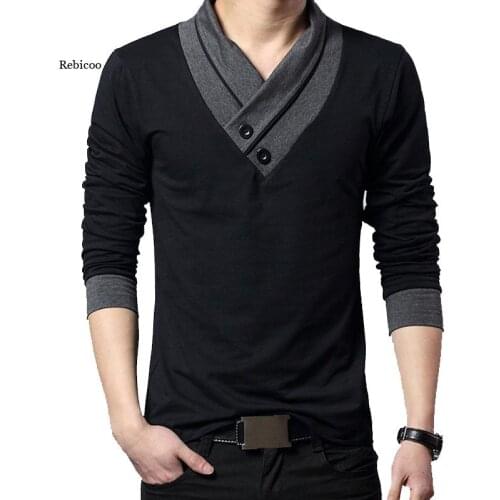 2021 Men Fashion Trend Slim Fit Long Sleeve T Shirt Patchwork Collar Tee V-Neck Men T-Shirt Cotton T Shirts Plus Size