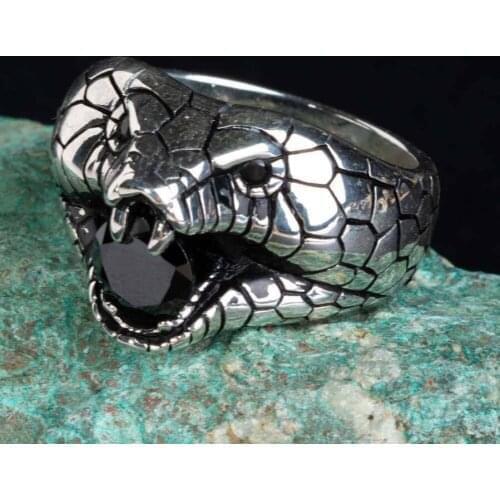 3D Snake Head 925 Sterling Silver Mens Ring with Black Stone Animal Cobra Ring Exclusive Ring for Men Zircon Ring