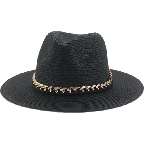 2021 new women hats wide brim khaki black men caps panama band belt chain straw outdoor summer sun beach hats gorras para mujer