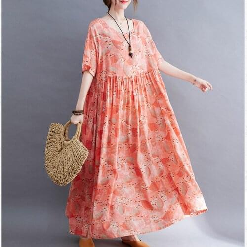 Summer Women Dress Fashion Loose Casual Printed Floral Long Dress Robe Female Loose Oversize Boho Dress Large Size Linen Dresses