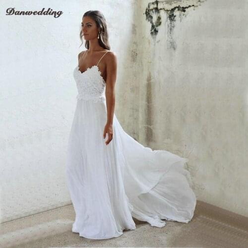 Sweety Chiffon Beach Wedding Dresses Sexy Backless Court Train Sweetheart Lace Applique A-Line Bridal Dress Boho Wedding Gowns