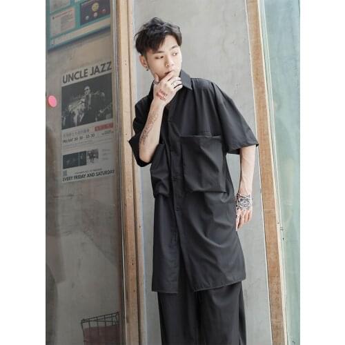 2021 Summer Short Sleeve Shirt solid color shirt youth Black Medium Length loose summer big Yamamoto fashion