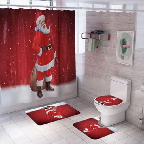 Santa Christmas Print Toilet Bathroom Mat And Shower Curtain Four-Piece Set party Home Rug Mat Anti Slip Reusable Non-slip Pads