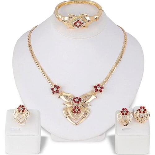 Rhinestone Heart Flower Stud Bracelet Fashion Womens Wedding Flower Ring Earrings Necklace Bracelet ladies Jewelry Gift Set