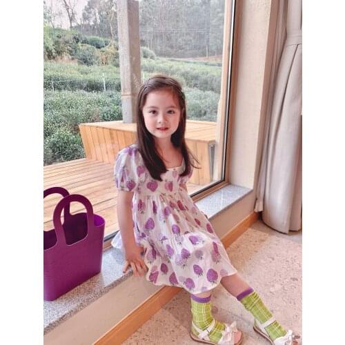 Toddler Loose Pleated Dress Baby Girls Strawberry Print Short Sleeve Square Collar One-piece