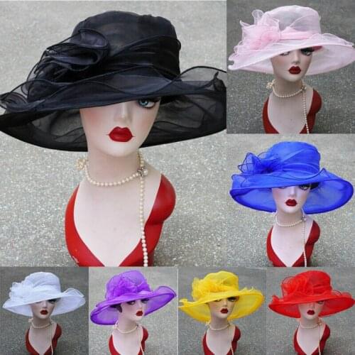 Women elegant Sun Hats Wide Brim Sun Church Dress Wedding Derby Party Beach Floral multi-layered Organza Hat 2021