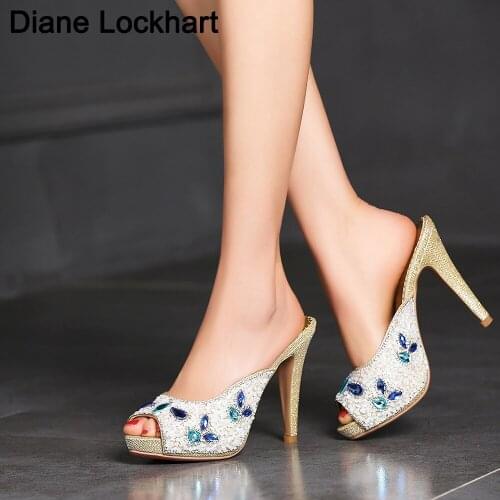 Shoes Women Sandals Summer 10CM super High Heel Female Rhinestone Slippers Sexy Fish Mouth Toe Platform Heels womens Slides