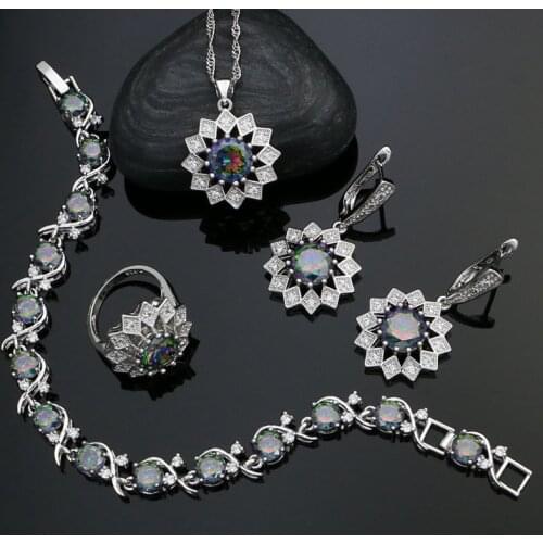 Silver 925 Jewelry Sets For Women Mystic Rainbow Cubic Zirconia And White Crystal Earrings/Pendant/Necklace/Ring/Bracelet