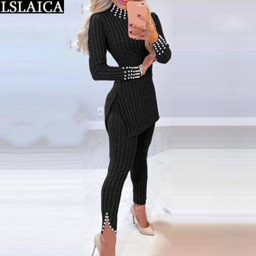 2 Two Peice Set Women Track Suit Long Sleeve Bubble Bead Decorat&Woman Pants Black 2 Peice Outfits For Women Rib Knit Women Set