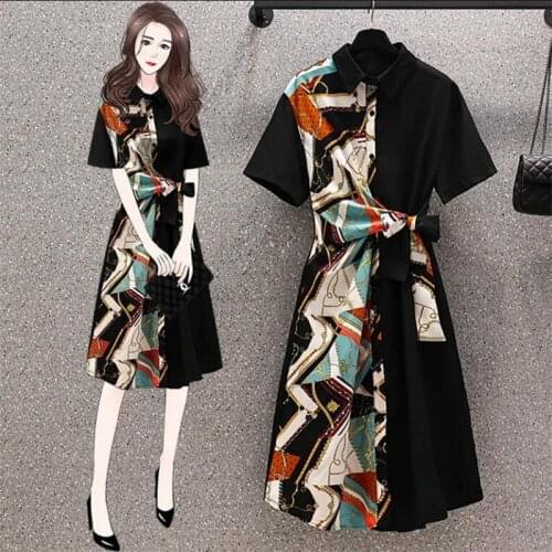 Short-sleeved Dresses Feminine Shirtdress Lapel Print Butterfly end waist Thin Loose Chiffon Tops elegant Womens long Dress