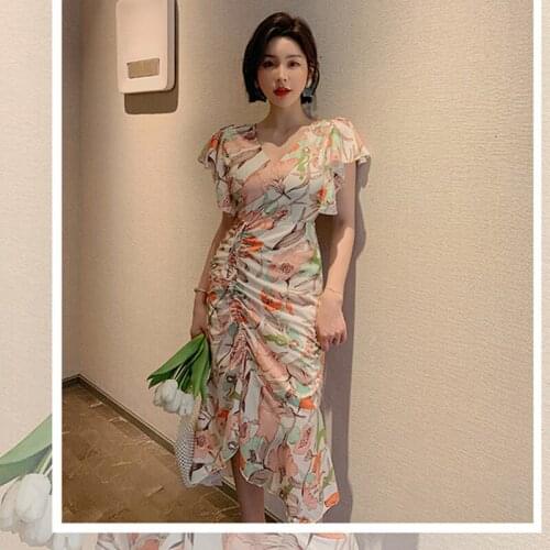 2020 Short Sleeve V Neck Bodycon Drawcord Asymmetrical Dress Summer Print Women Dress Lady Vestidos Elegant Sexy Party Dresses