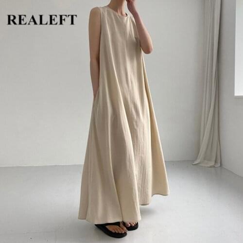 REALEFT Summer 2021 New Solid Womens Boho Long Beach Dress Chic O-Neck Pockets High Waist Dress Loose Tank Maxi Dresses Ladies
