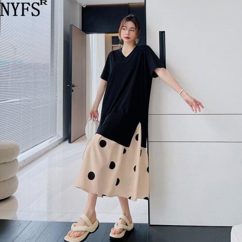 NYFS Summer Dress 2021 Korean New Loose Patchwork Big wave point fake two pieces Woman Dress Vestidos Robe Elbise Fashion Dress