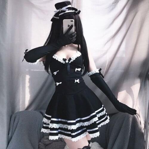2020 New Sexy Maid Cosplay Costumes Cute Black Dress And Thong Sexy Anime School Girl Gothic Outfit With Hat and Glove For Woman