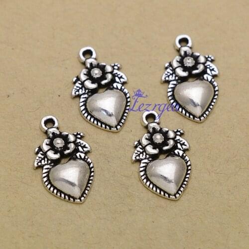 40pcs/lot--15mm, Antique silver plated Flower Heart charms,DIY supplies, Jewelry accessories
